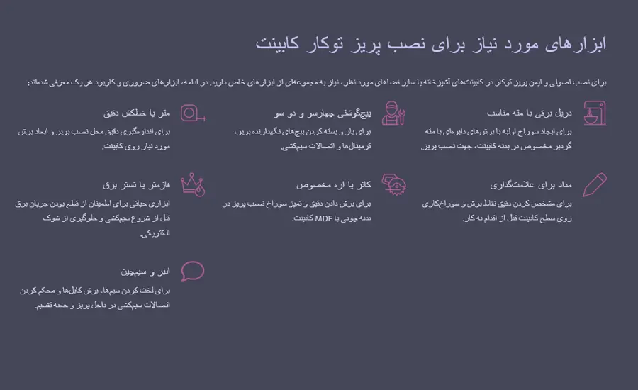 ابزارهای مورد نیاز برای نصب پریز توکار کابینت